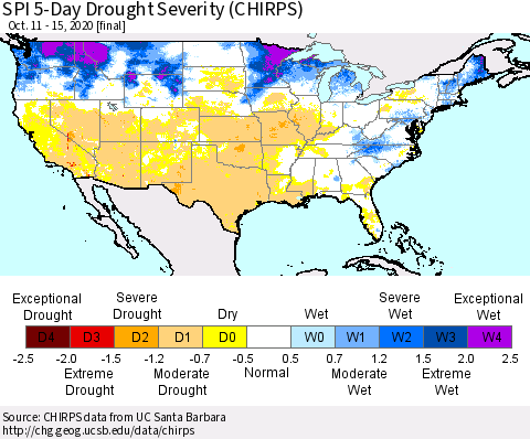 United States SPI 5-Day Drought Severity (CHIRPS) Thematic Map For 10/11/2020 - 10/15/2020