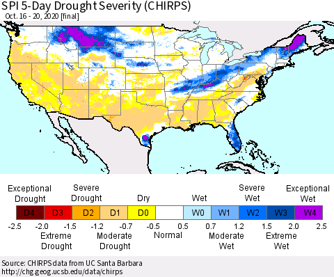 United States SPI 5-Day Drought Severity (CHIRPS) Thematic Map For 10/16/2020 - 10/20/2020