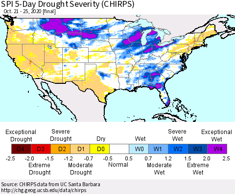 United States SPI 5-Day Drought Severity (CHIRPS) Thematic Map For 10/21/2020 - 10/25/2020