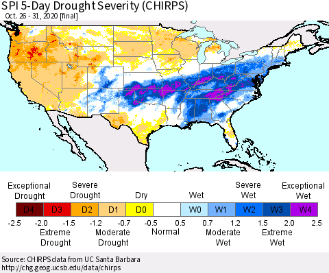 United States SPI 5-Day Drought Severity (CHIRPS) Thematic Map For 10/26/2020 - 10/31/2020