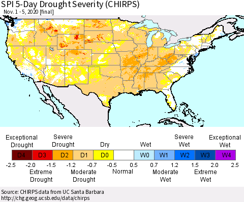 United States SPI 5-Day Drought Severity (CHIRPS) Thematic Map For 11/1/2020 - 11/5/2020