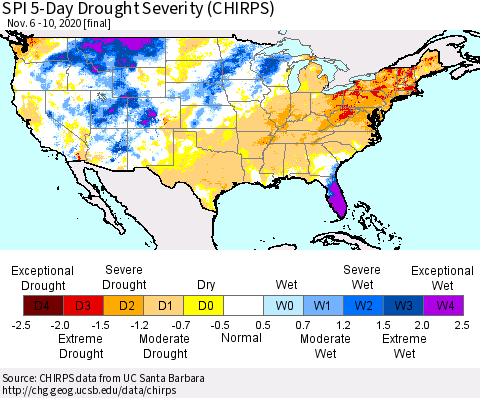 United States SPI 5-Day Drought Severity (CHIRPS) Thematic Map For 11/6/2020 - 11/10/2020