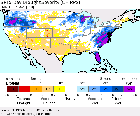 United States SPI 5-Day Drought Severity (CHIRPS) Thematic Map For 11/11/2020 - 11/15/2020