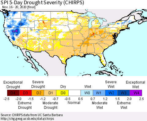United States SPI 5-Day Drought Severity (CHIRPS) Thematic Map For 11/16/2020 - 11/20/2020