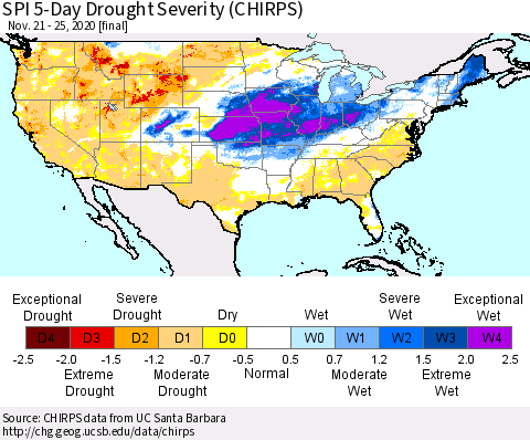 United States SPI 5-Day Drought Severity (CHIRPS) Thematic Map For 11/21/2020 - 11/25/2020