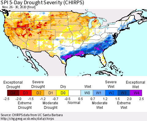 United States SPI 5-Day Drought Severity (CHIRPS) Thematic Map For 11/26/2020 - 11/30/2020