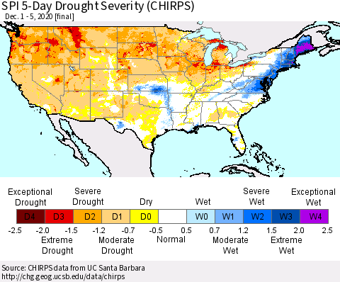 United States SPI 5-Day Drought Severity (CHIRPS) Thematic Map For 12/1/2020 - 12/5/2020