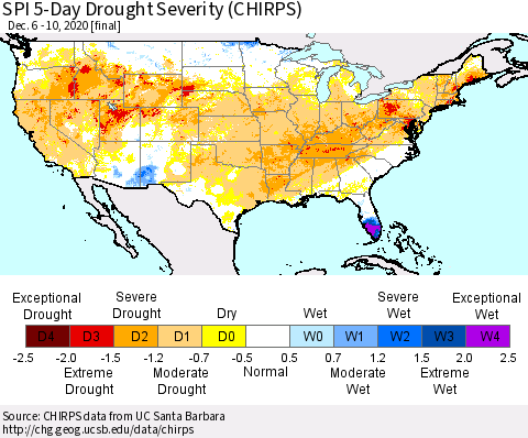 United States SPI 5-Day Drought Severity (CHIRPS) Thematic Map For 12/6/2020 - 12/10/2020