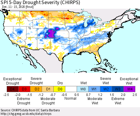 United States SPI 5-Day Drought Severity (CHIRPS) Thematic Map For 12/11/2020 - 12/15/2020