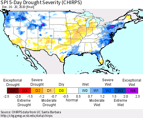 United States SPI 5-Day Drought Severity (CHIRPS) Thematic Map For 12/16/2020 - 12/20/2020