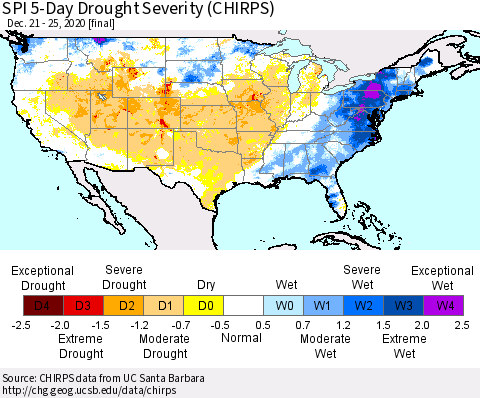 United States SPI 5-Day Drought Severity (CHIRPS) Thematic Map For 12/21/2020 - 12/25/2020