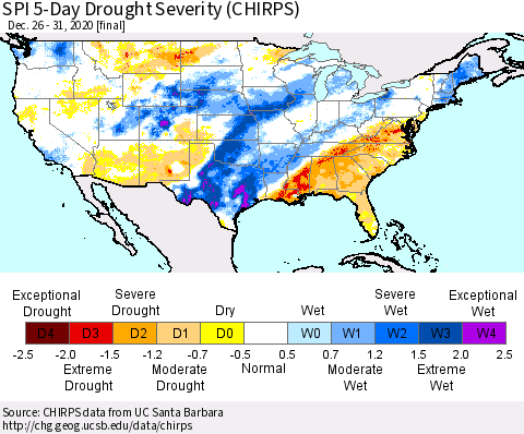 United States SPI 5-Day Drought Severity (CHIRPS) Thematic Map For 12/26/2020 - 12/31/2020