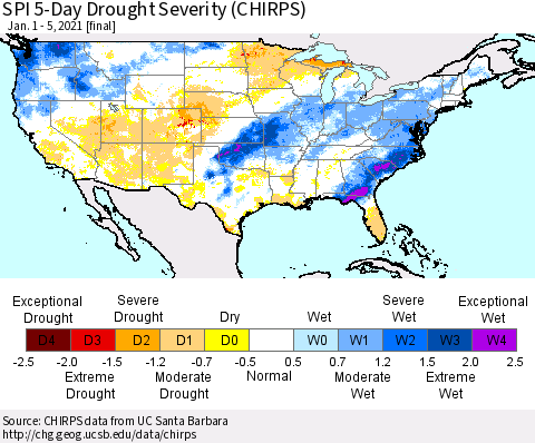 United States SPI 5-Day Drought Severity (CHIRPS) Thematic Map For 1/1/2021 - 1/5/2021