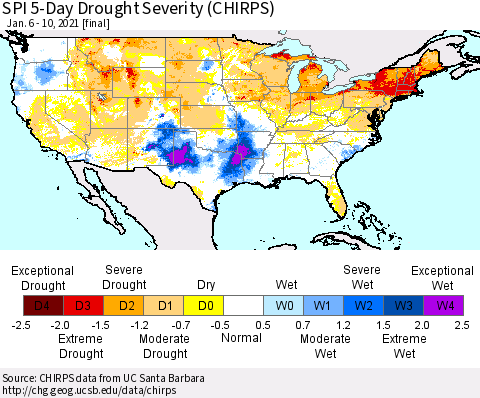 United States SPI 5-Day Drought Severity (CHIRPS) Thematic Map For 1/6/2021 - 1/10/2021