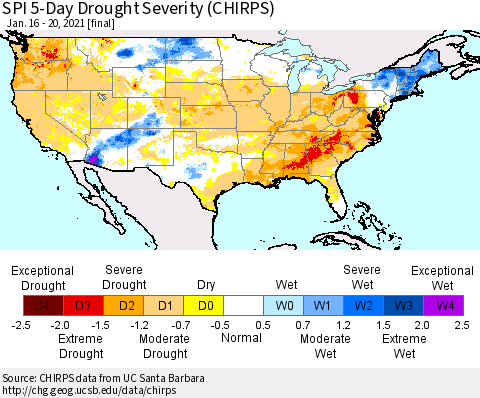 United States SPI 5-Day Drought Severity (CHIRPS) Thematic Map For 1/16/2021 - 1/20/2021