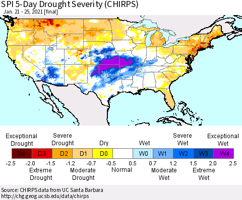 United States SPI 5-Day Drought Severity (CHIRPS) Thematic Map For 1/21/2021 - 1/25/2021
