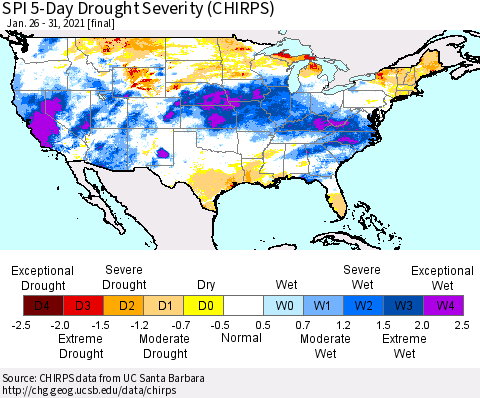 United States SPI 5-Day Drought Severity (CHIRPS) Thematic Map For 1/26/2021 - 1/31/2021