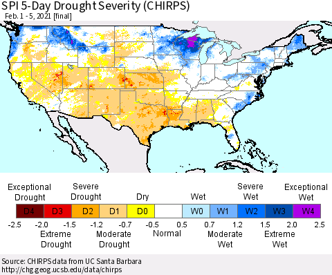 United States SPI 5-Day Drought Severity (CHIRPS) Thematic Map For 2/1/2021 - 2/5/2021