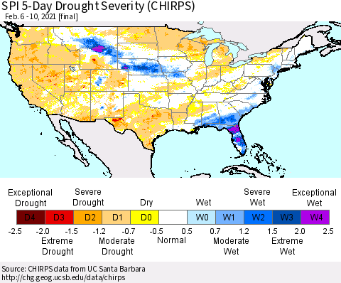 United States SPI 5-Day Drought Severity (CHIRPS) Thematic Map For 2/6/2021 - 2/10/2021