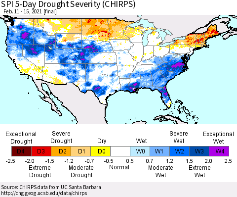 United States SPI 5-Day Drought Severity (CHIRPS) Thematic Map For 2/11/2021 - 2/15/2021