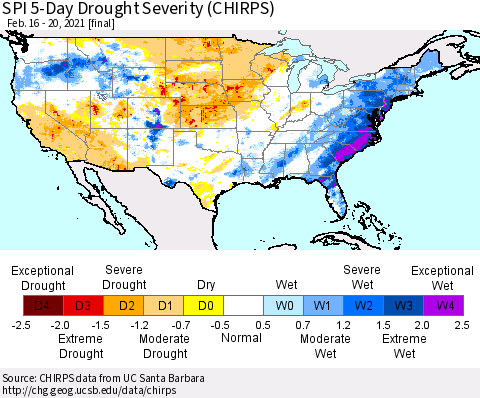 United States SPI 5-Day Drought Severity (CHIRPS) Thematic Map For 2/16/2021 - 2/20/2021