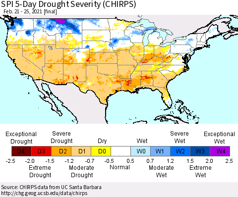 United States SPI 5-Day Drought Severity (CHIRPS) Thematic Map For 2/21/2021 - 2/25/2021