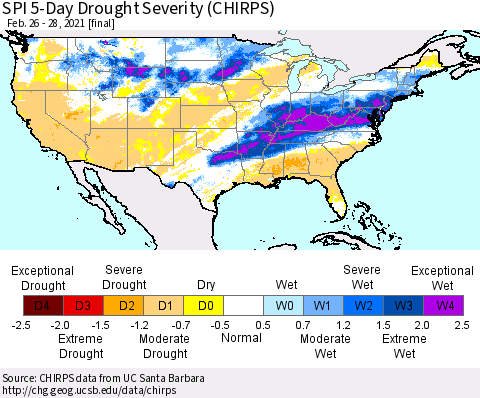 United States SPI 5-Day Drought Severity (CHIRPS) Thematic Map For 2/26/2021 - 2/28/2021