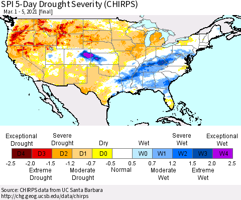 United States SPI 5-Day Drought Severity (CHIRPS) Thematic Map For 3/1/2021 - 3/5/2021