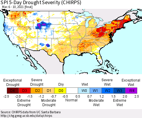 United States SPI 5-Day Drought Severity (CHIRPS) Thematic Map For 3/6/2021 - 3/10/2021