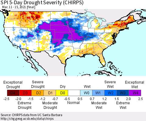 United States SPI 5-Day Drought Severity (CHIRPS) Thematic Map For 3/11/2021 - 3/15/2021