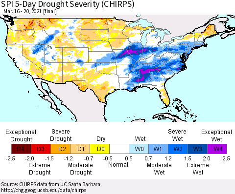 United States SPI 5-Day Drought Severity (CHIRPS) Thematic Map For 3/16/2021 - 3/20/2021