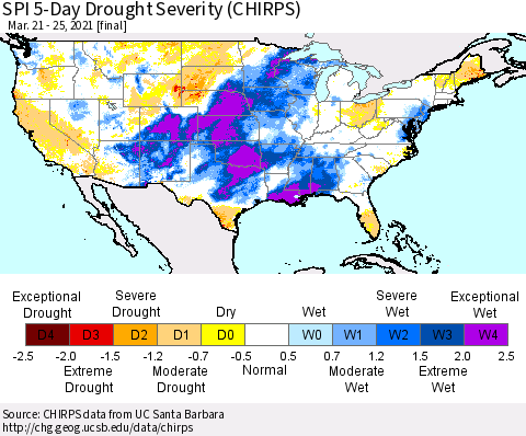 United States SPI 5-Day Drought Severity (CHIRPS) Thematic Map For 3/21/2021 - 3/25/2021