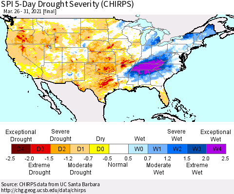 United States SPI 5-Day Drought Severity (CHIRPS) Thematic Map For 3/26/2021 - 3/31/2021