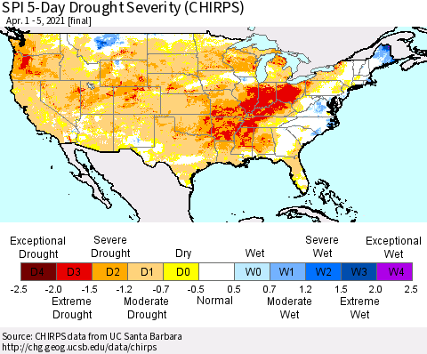 United States SPI 5-Day Drought Severity (CHIRPS) Thematic Map For 4/1/2021 - 4/5/2021