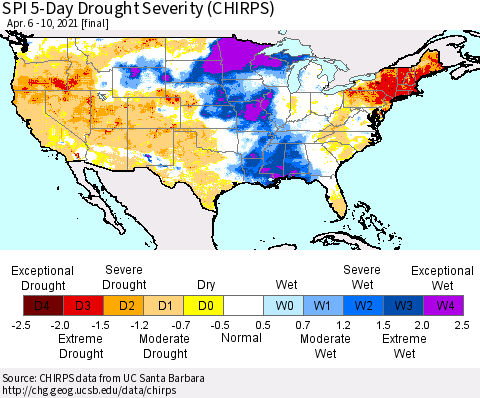 United States SPI 5-Day Drought Severity (CHIRPS) Thematic Map For 4/6/2021 - 4/10/2021