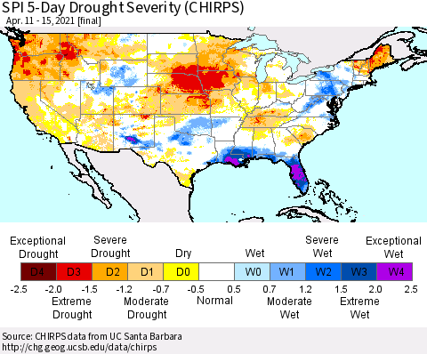 United States SPI 5-Day Drought Severity (CHIRPS) Thematic Map For 4/11/2021 - 4/15/2021