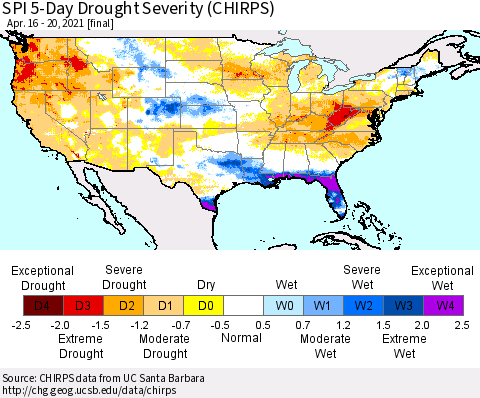 United States SPI 5-Day Drought Severity (CHIRPS) Thematic Map For 4/16/2021 - 4/20/2021