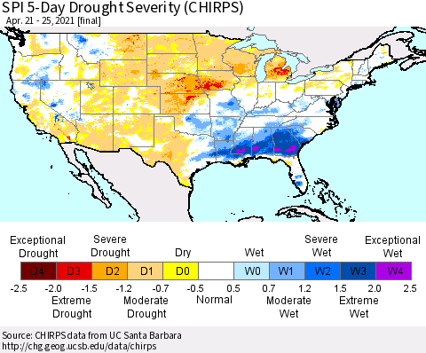 United States SPI 5-Day Drought Severity (CHIRPS) Thematic Map For 4/21/2021 - 4/25/2021
