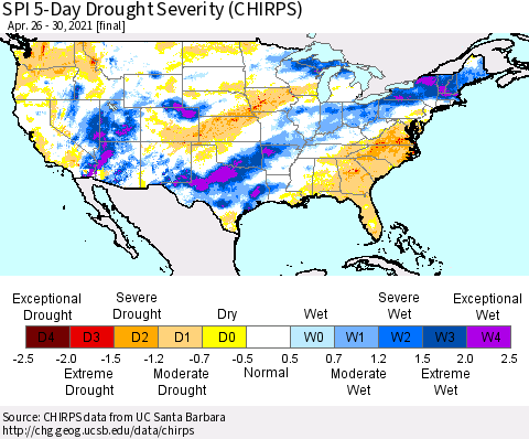 United States SPI 5-Day Drought Severity (CHIRPS) Thematic Map For 4/26/2021 - 4/30/2021