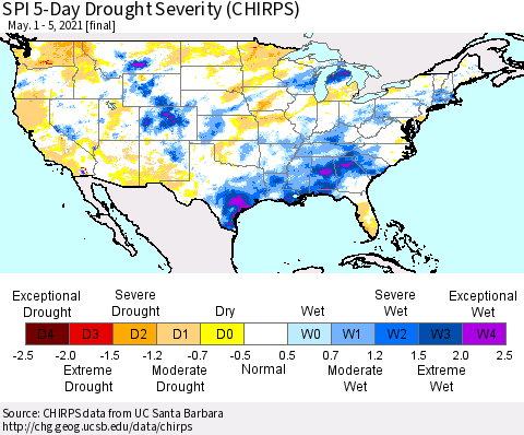 United States SPI 5-Day Drought Severity (CHIRPS) Thematic Map For 5/1/2021 - 5/5/2021