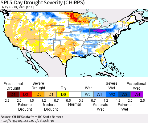 United States SPI 5-Day Drought Severity (CHIRPS) Thematic Map For 5/6/2021 - 5/10/2021