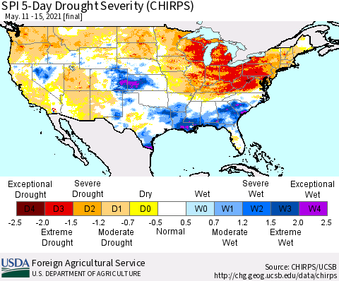 United States SPI 5-Day Drought Severity (CHIRPS) Thematic Map For 5/11/2021 - 5/15/2021