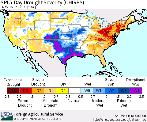 United States SPI 5-Day Drought Severity (CHIRPS) Thematic Map For 5/16/2021 - 5/20/2021