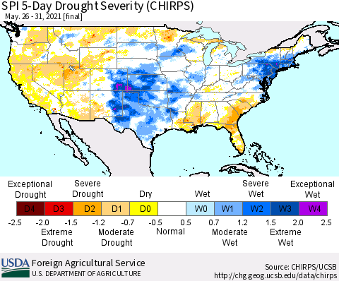 United States SPI 5-Day Drought Severity (CHIRPS) Thematic Map For 5/26/2021 - 5/31/2021