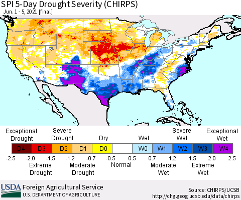 United States SPI 5-Day Drought Severity (CHIRPS) Thematic Map For 6/1/2021 - 6/5/2021