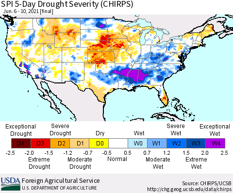 United States SPI 5-Day Drought Severity (CHIRPS) Thematic Map For 6/6/2021 - 6/10/2021