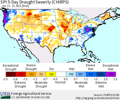 United States SPI 5-Day Drought Severity (CHIRPS) Thematic Map For 6/11/2021 - 6/15/2021