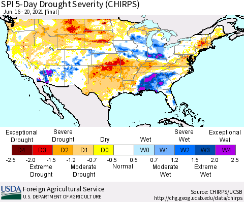 United States SPI 5-Day Drought Severity (CHIRPS) Thematic Map For 6/16/2021 - 6/20/2021