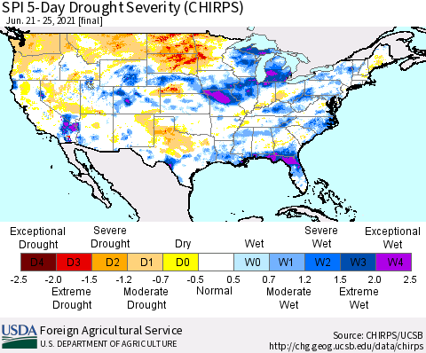United States SPI 5-Day Drought Severity (CHIRPS) Thematic Map For 6/21/2021 - 6/25/2021