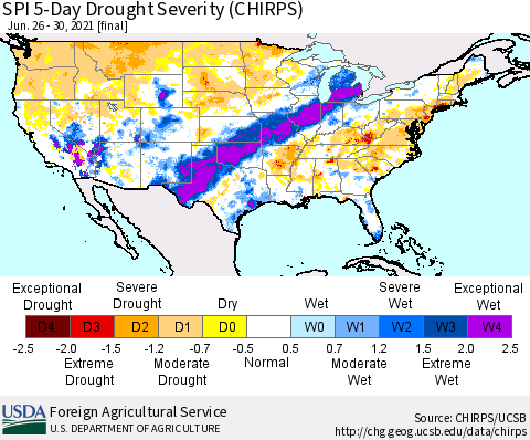 United States SPI 5-Day Drought Severity (CHIRPS) Thematic Map For 6/26/2021 - 6/30/2021